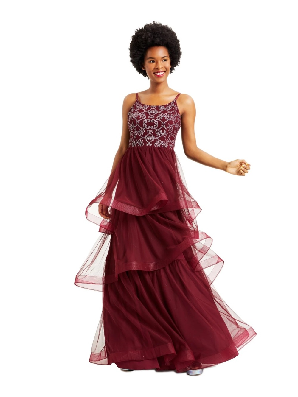 Speechless Burgundy Embroidered Tiered Tulle Maxi Dress